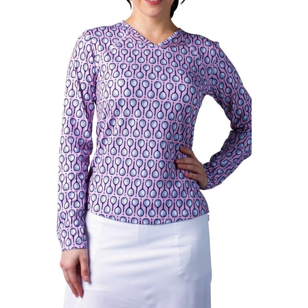 San Soleil Soltek Ace Top Tennis Racquet Print UV 50 V-Neck Long Sleeve Small